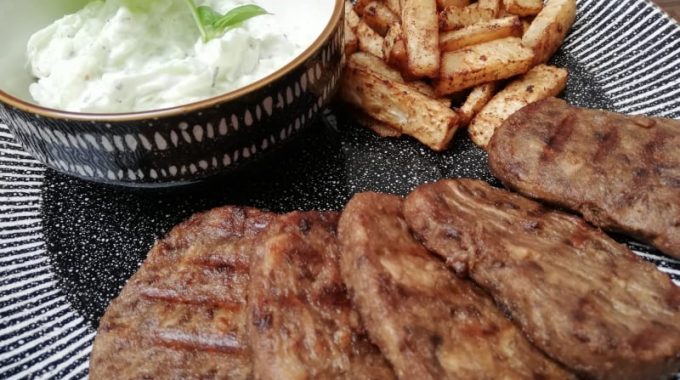 Vegan steak, Vegan steak, Vegetarian steak, vegetarian steak, Celery fries, Tzatziky